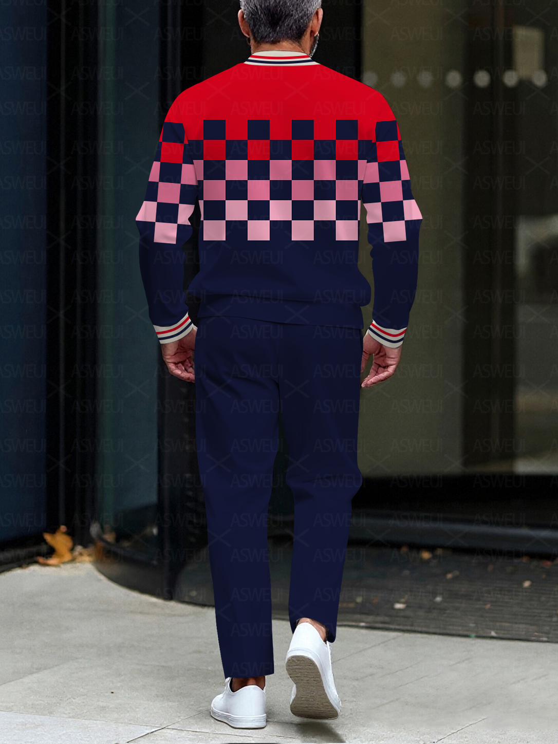 Men's fashionable casual checkered round-neck zipper long-sleeve two-piece set