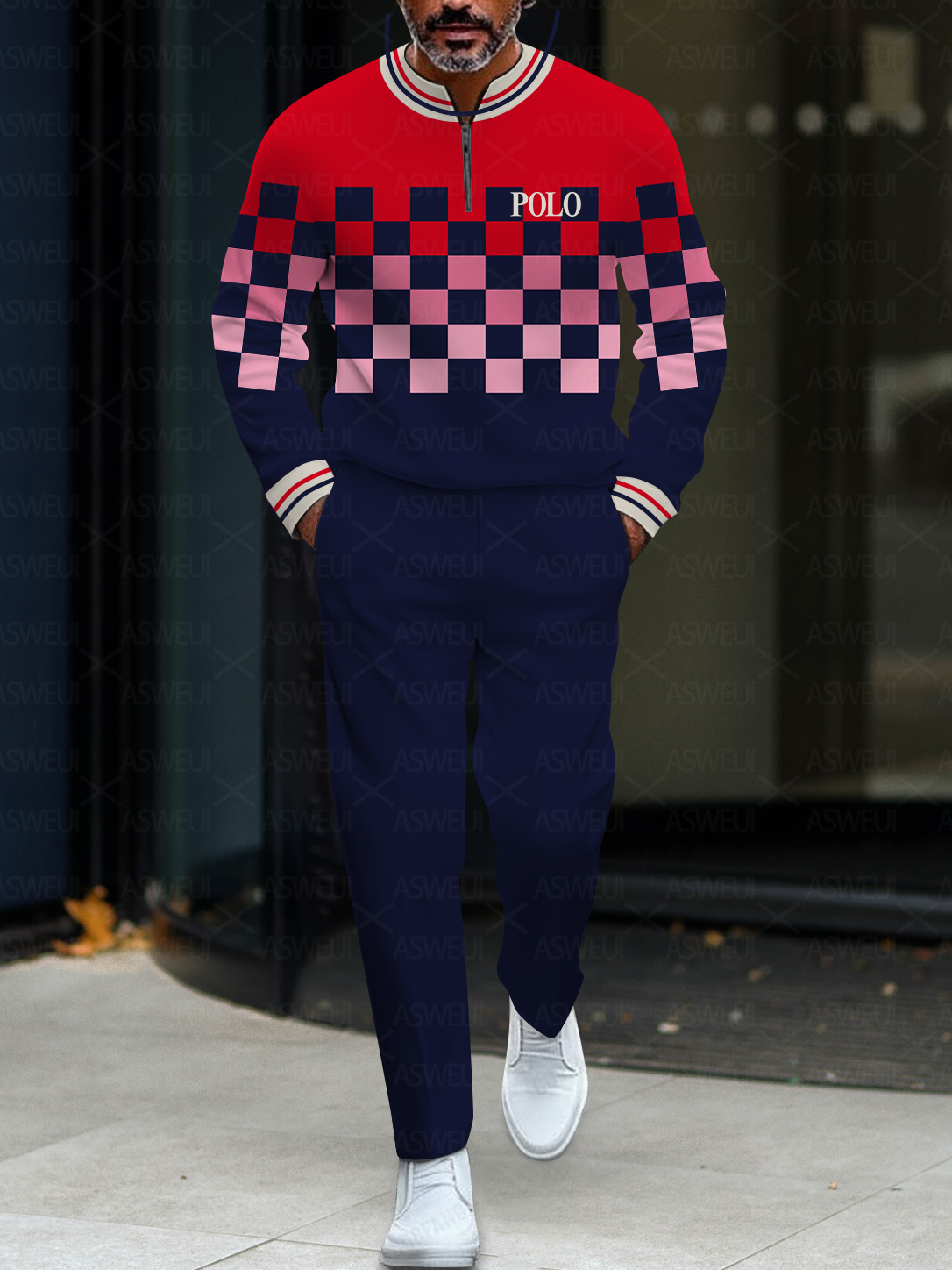 Men's fashionable casual checkered round-neck zipper long-sleeve two-piece set