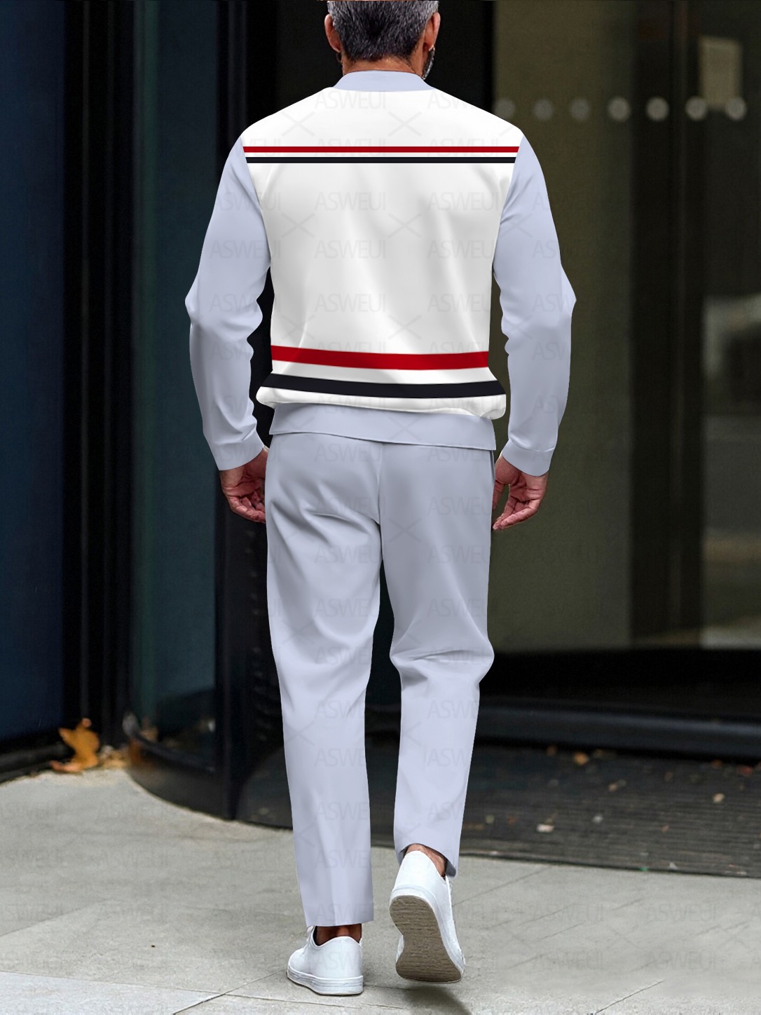 Men's fashion casual blue line round neck zipper long-sleeved two-piece set