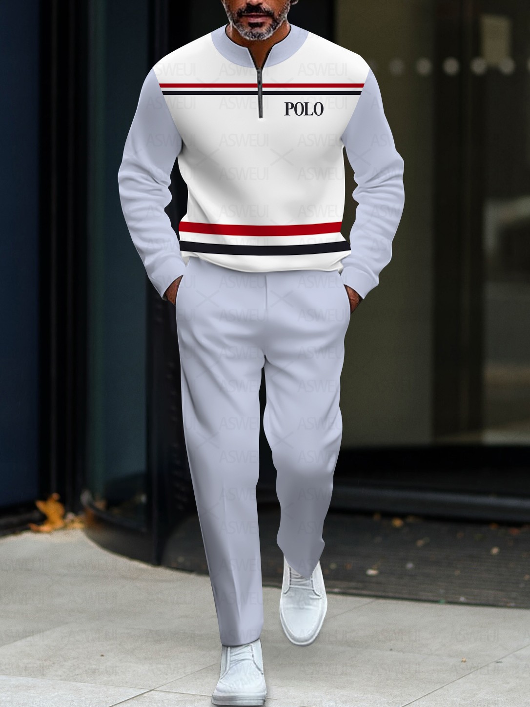 Men's fashion casual blue line round neck zipper long-sleeved two-piece set