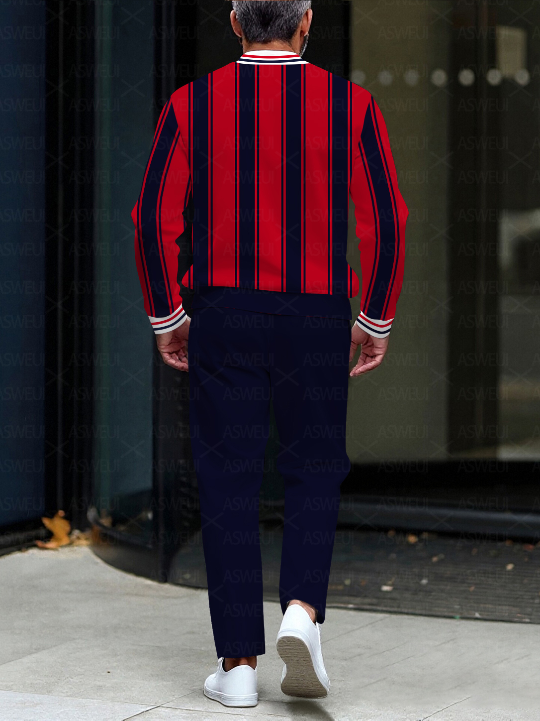 Men's casual striped crew-neck zipper long-sleeve two-piece set