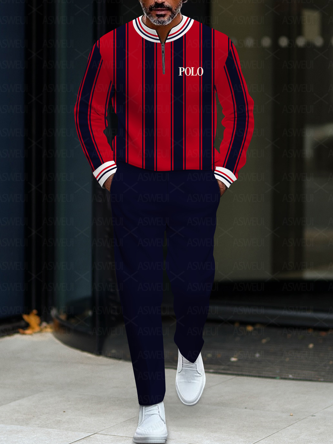 Men's casual striped crew-neck zipper long-sleeve two-piece set