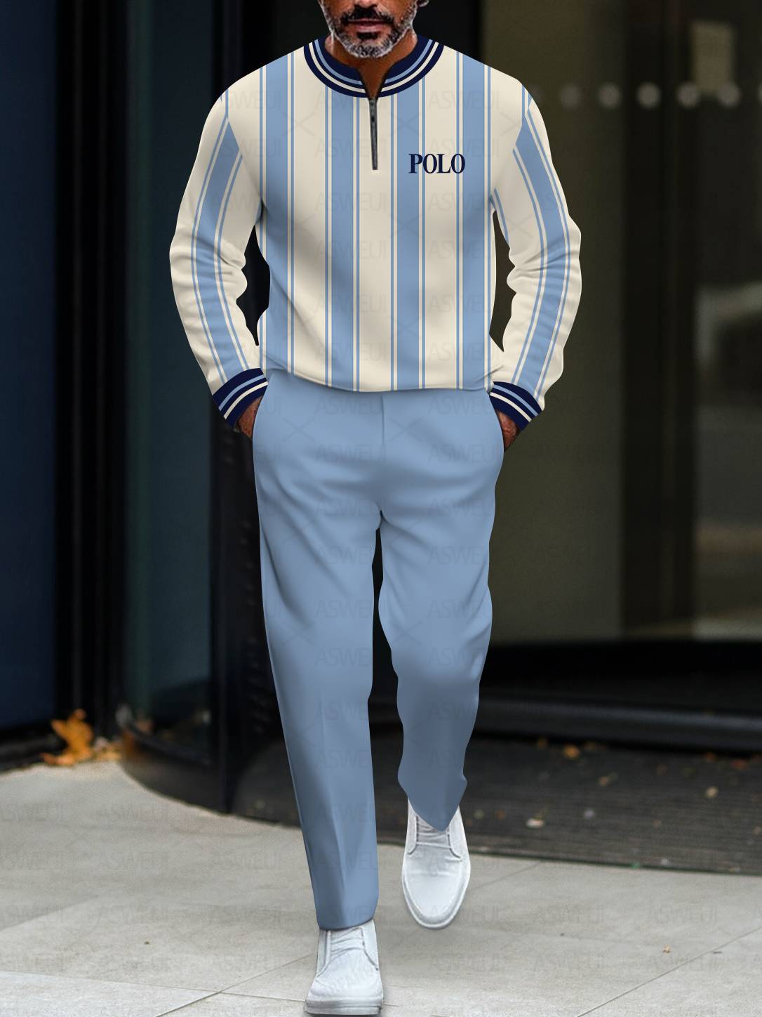 Men's casual striped crew-neck zipper long-sleeve two-piece set