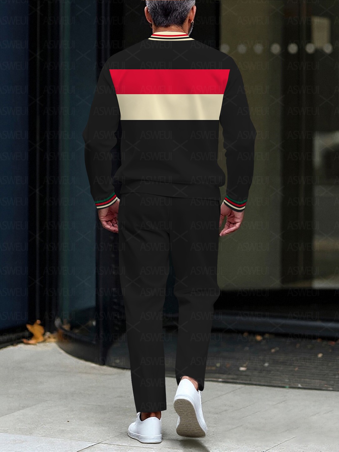 Men's casual striped multi-color zipper long-sleeved two-piece set