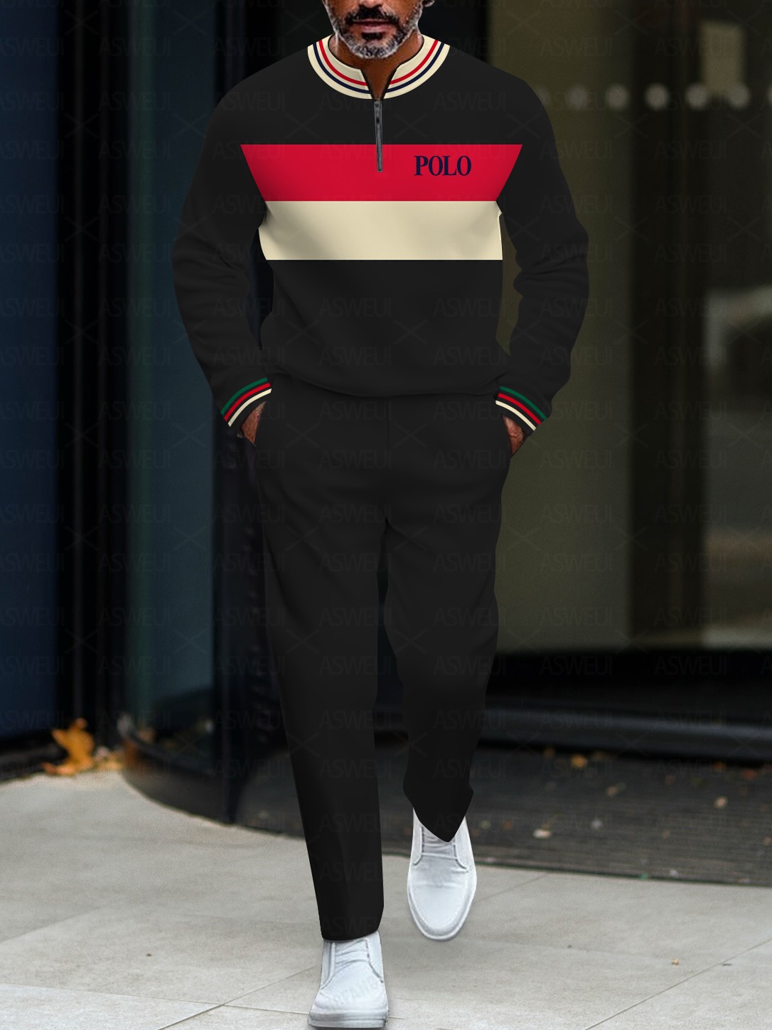 Men's casual striped multi-color zipper long-sleeved two-piece set