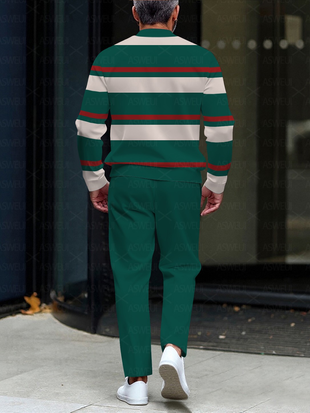 Men's stylish casual green striped round-neck zipper long-sleeve two-piece set