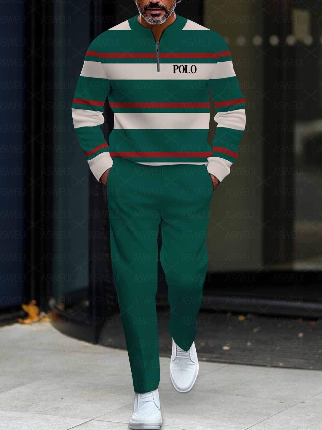 Men's stylish casual green striped round-neck zipper long-sleeve two-piece set