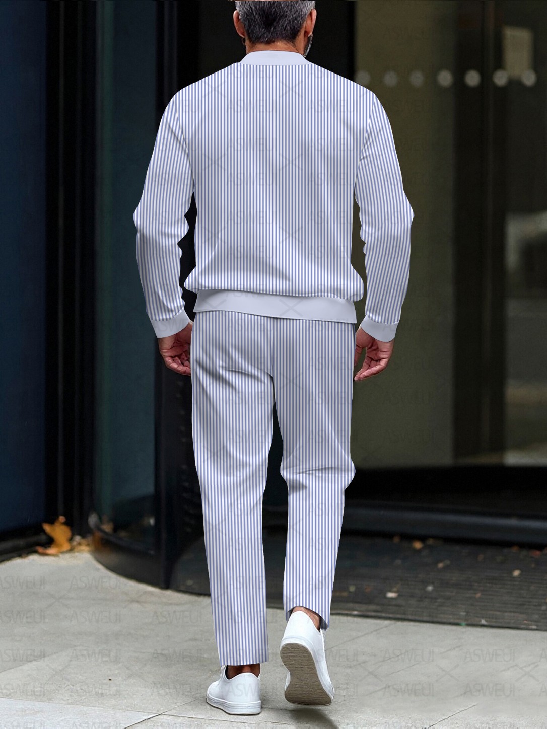 Men's stylish casual striped round-neck zipper long-sleeve two-piece set