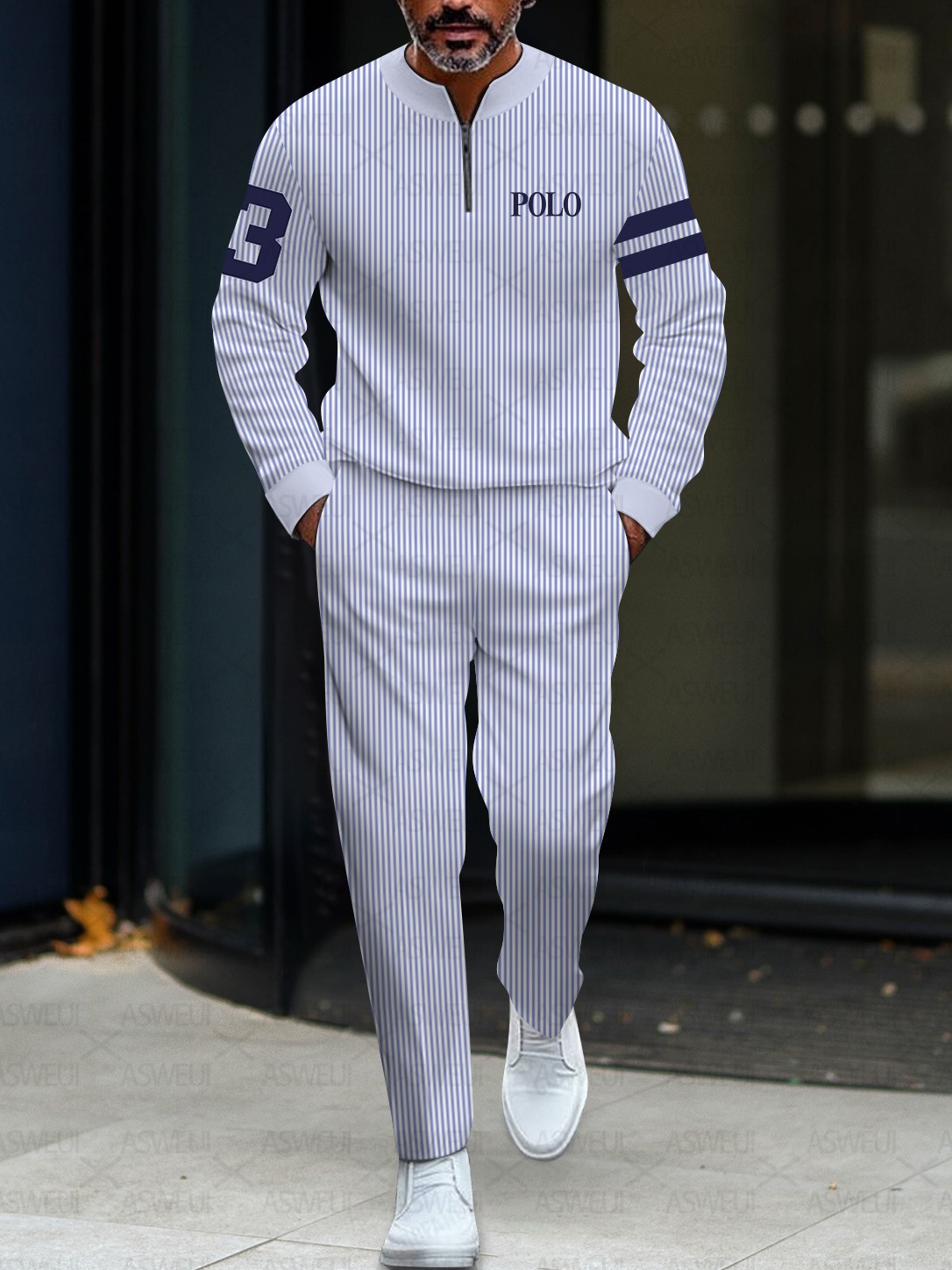 Men's stylish casual striped round-neck zipper long-sleeve two-piece s