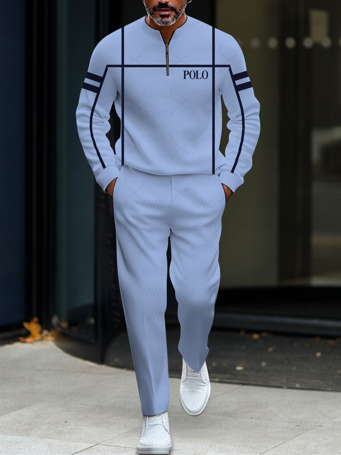 Men's stylish casual striped round-neck zipper long-sleeve two-piece set