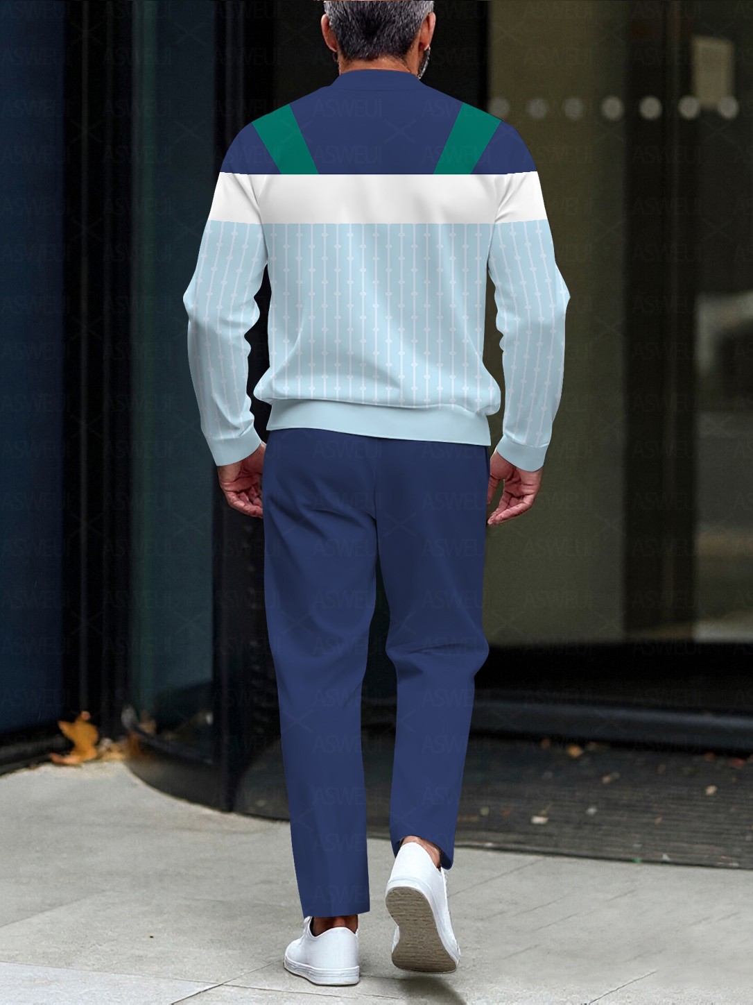 Men's fashionable casual two-piece set with two-color geometric zipper long-sleeved sleeves