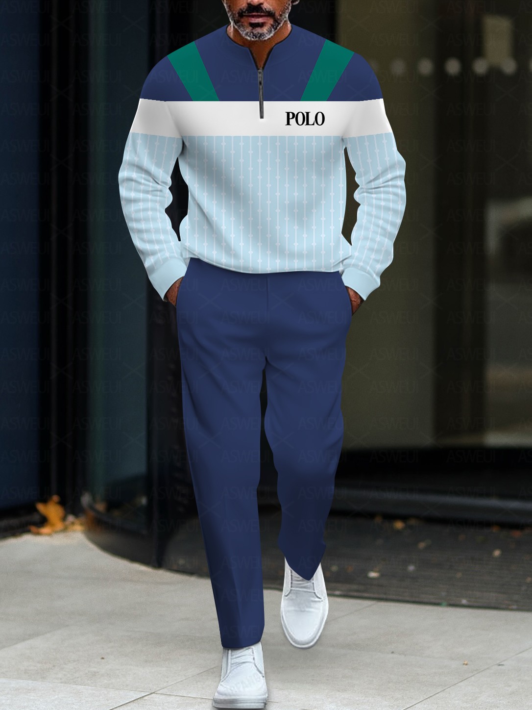 Men's fashionable casual two-piece set with two-color geometric zipper long-sleeved sleeves