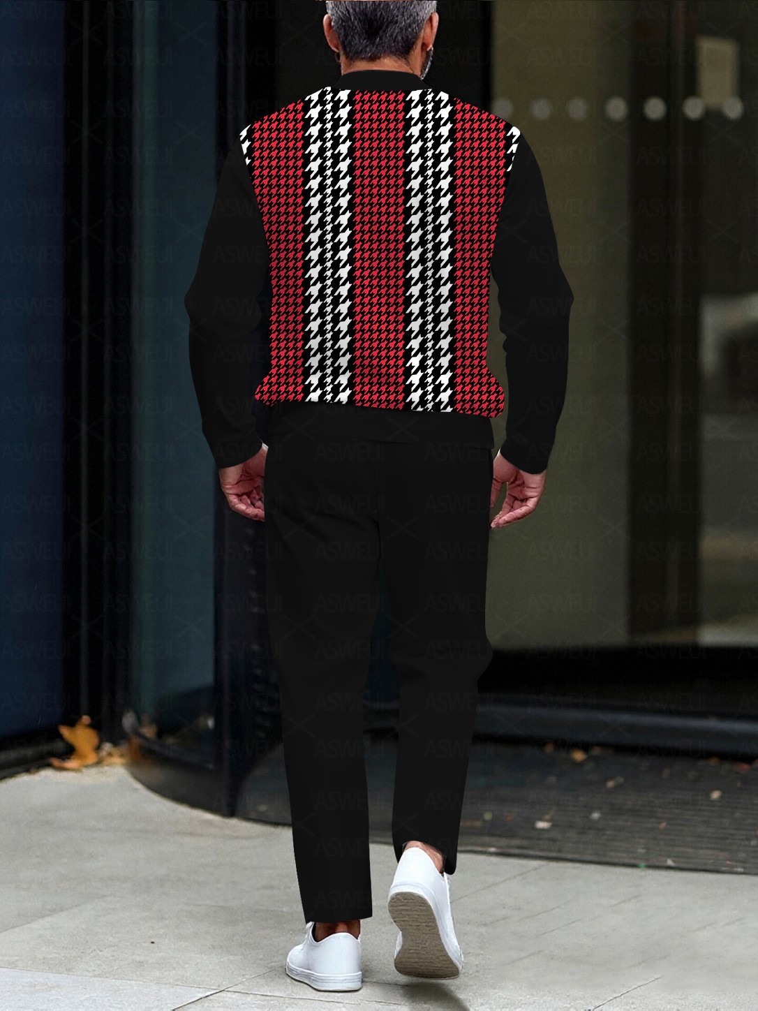 Men's fashion casual red and black geometric zipper long-sleeved two-piece set