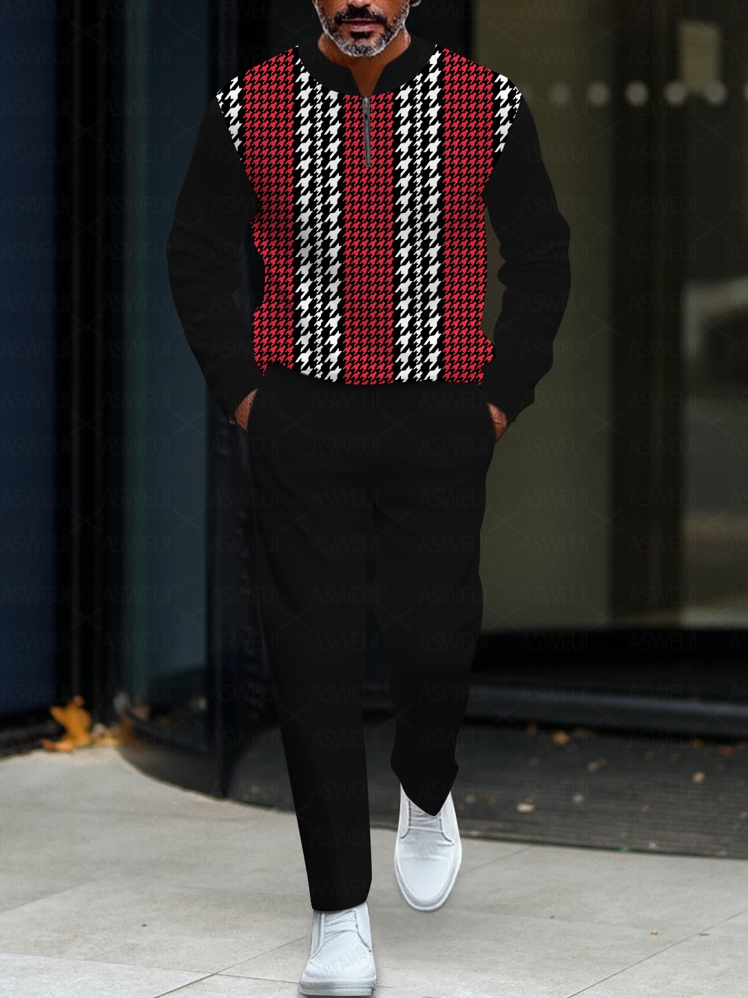 Men's fashion casual red and black geometric zipper long-sleeved two-piece set