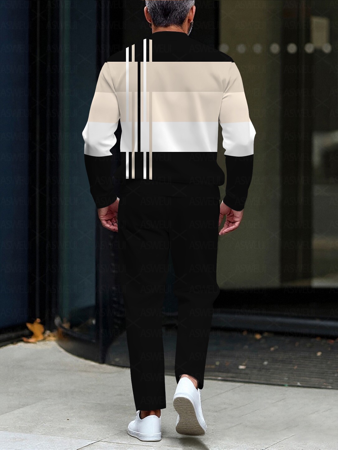 Men's fashionable casual two-piece set with two-color striped zipper long sleeves