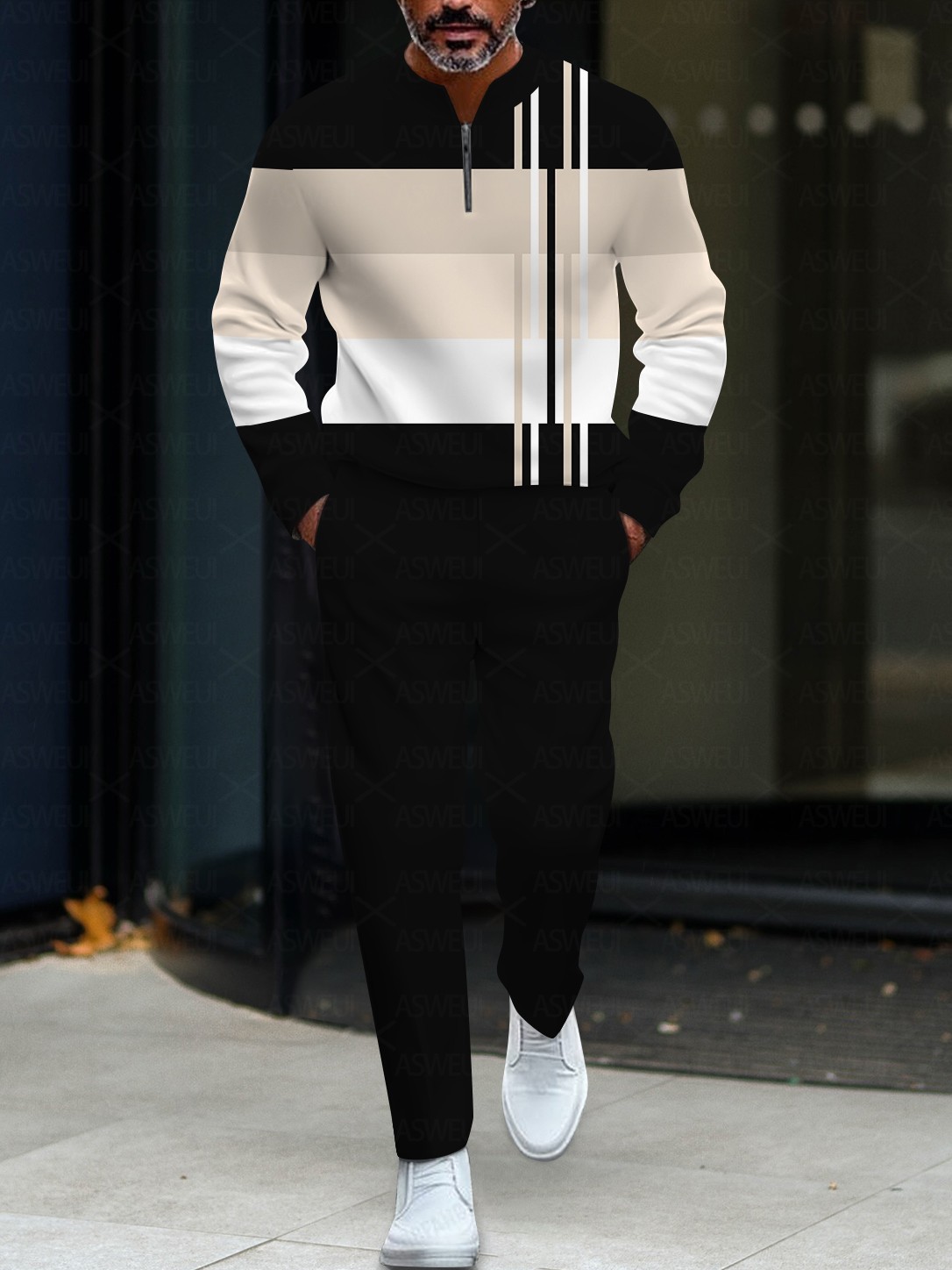 Men's fashionable casual two-piece set with two-color striped zipper long sleeves