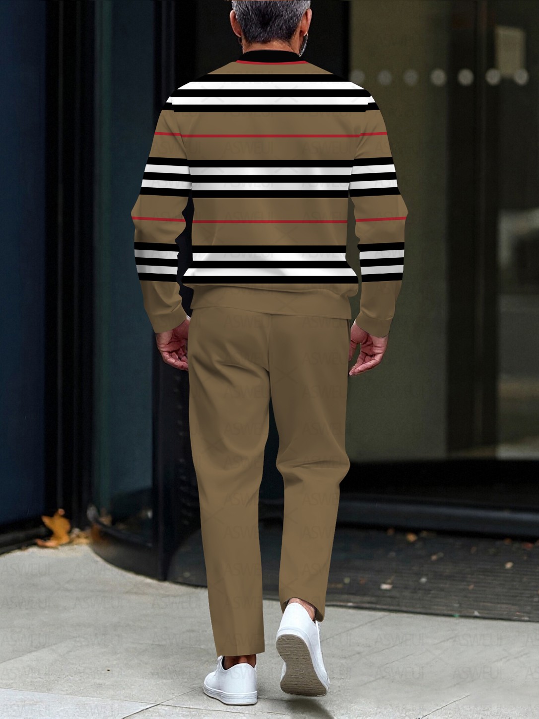 Men's fashionable casual brown striped zipper long-sleeved two-piece set