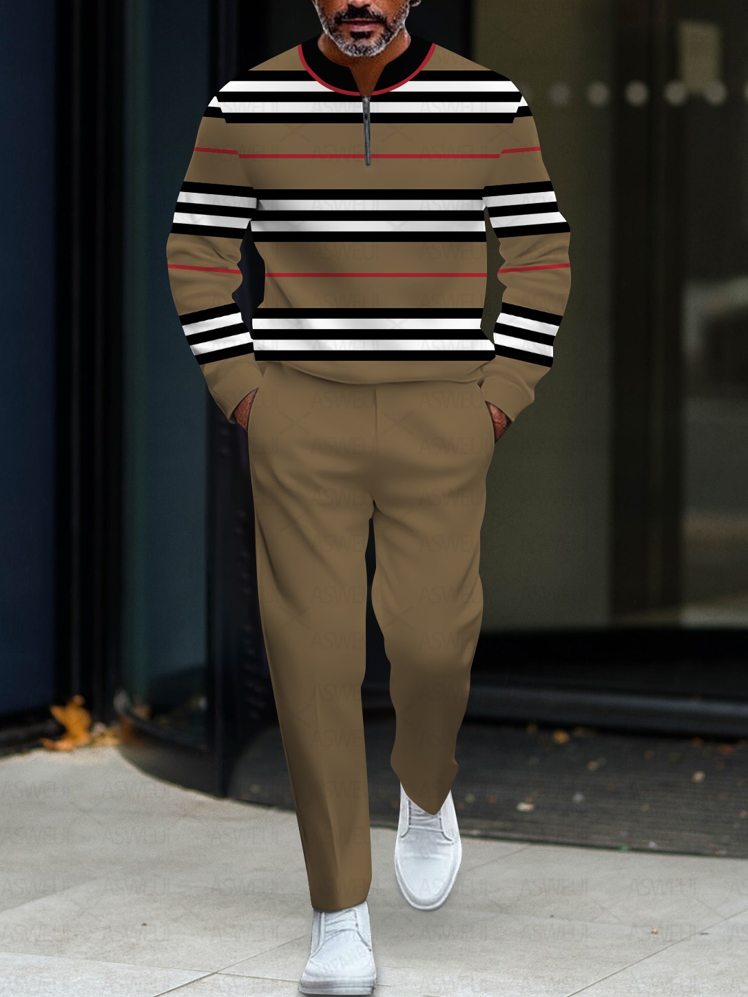 Men's fashionable casual brown striped zipper long-sleeved two-piece set