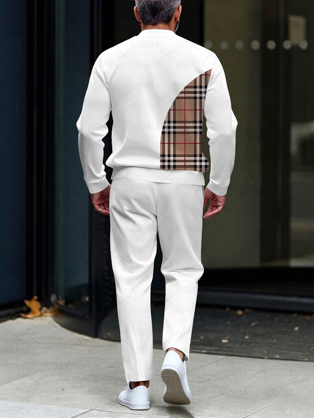 Men's fashionable casual plaid zipper long-sleeved two-piece set