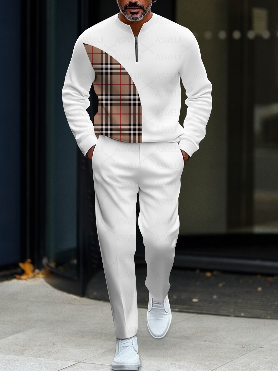 Men's fashionable casual plaid zipper long-sleeved two-piece set