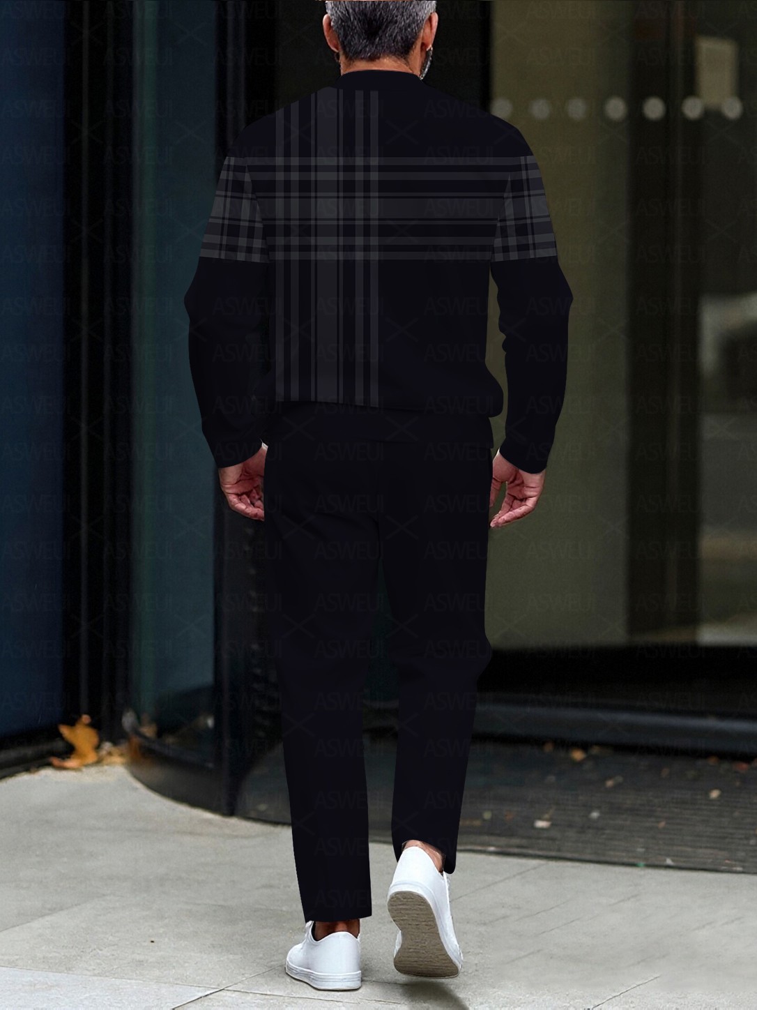 Men's fashionable casual black checkered zipper long-sleeved two-piece set