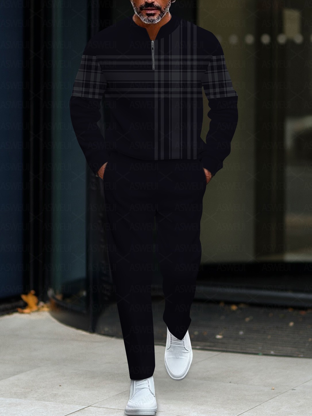 Men's fashionable casual black checkered zipper long-sleeved two-piece