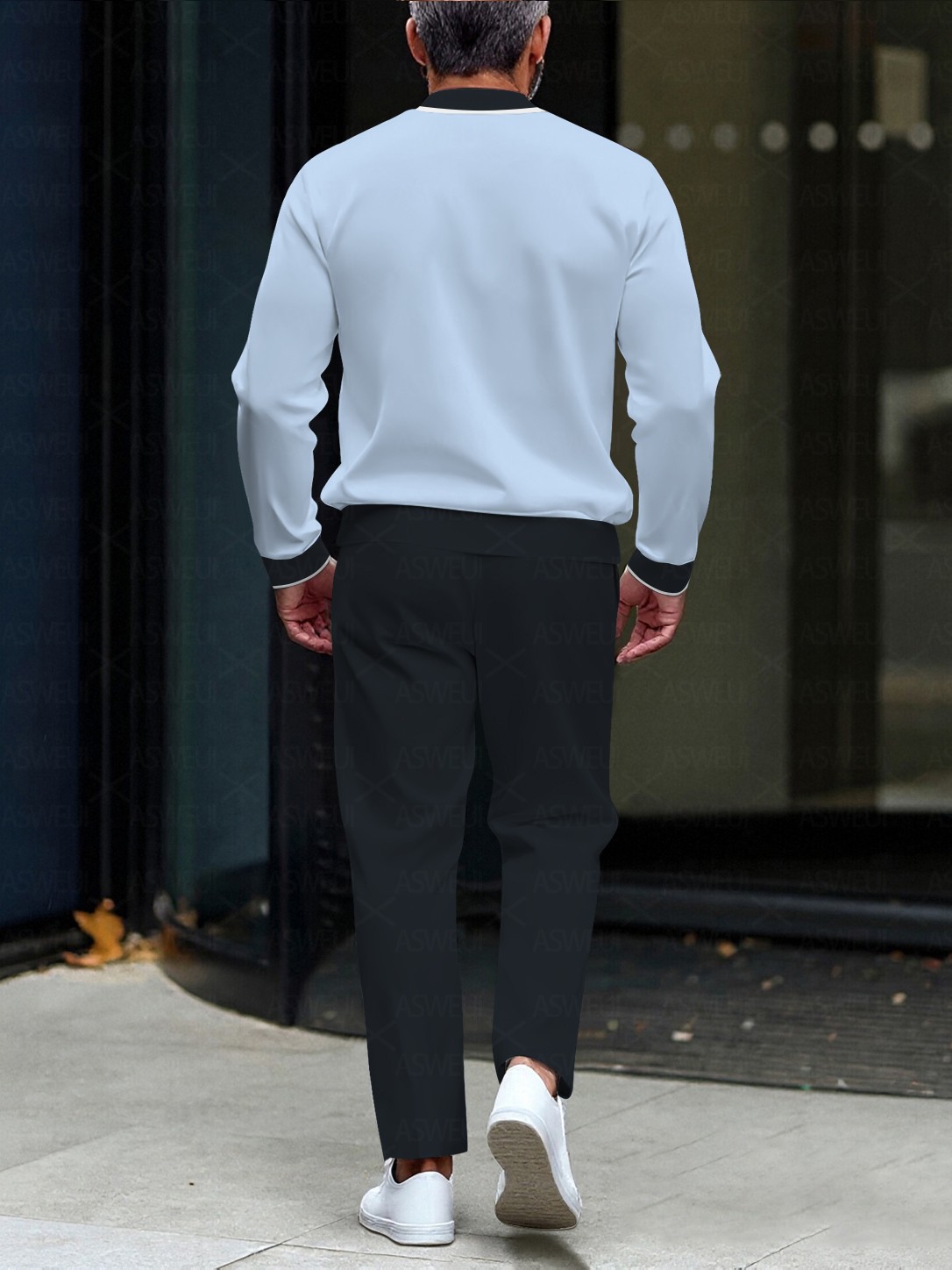 Men's fashionable casual two-piece set with a two-color zipper long-sleeved shirt