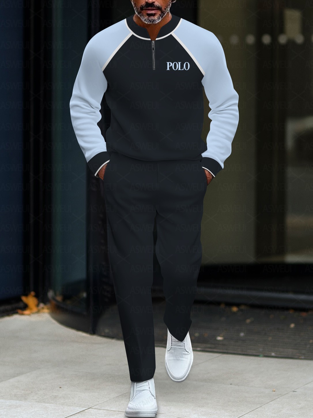 Men's fashionable casual two-piece set with a two-color zipper long-sleeved shirt