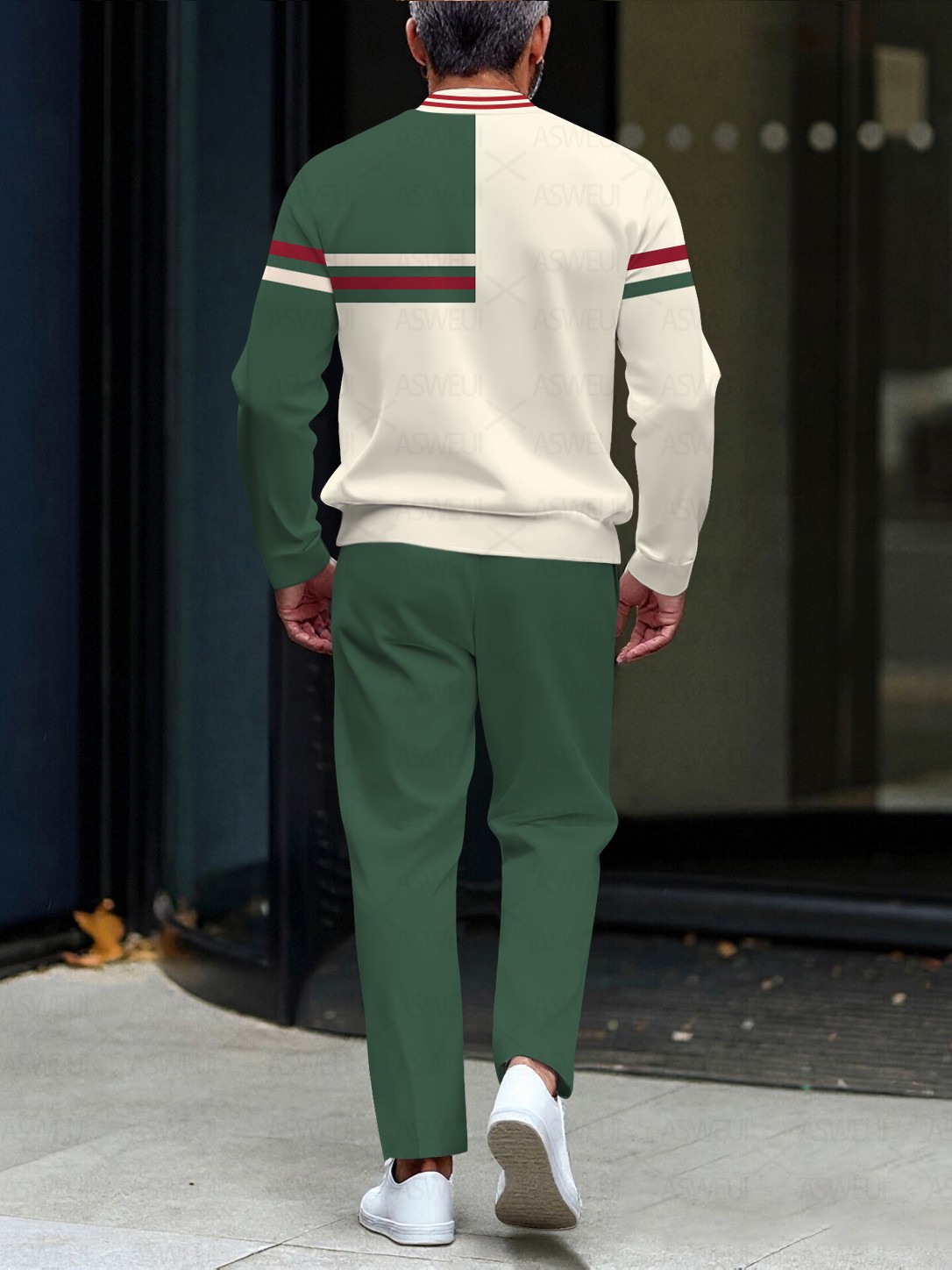 Men's fashion casual green line round neck zipper long-sleeved two-piece set