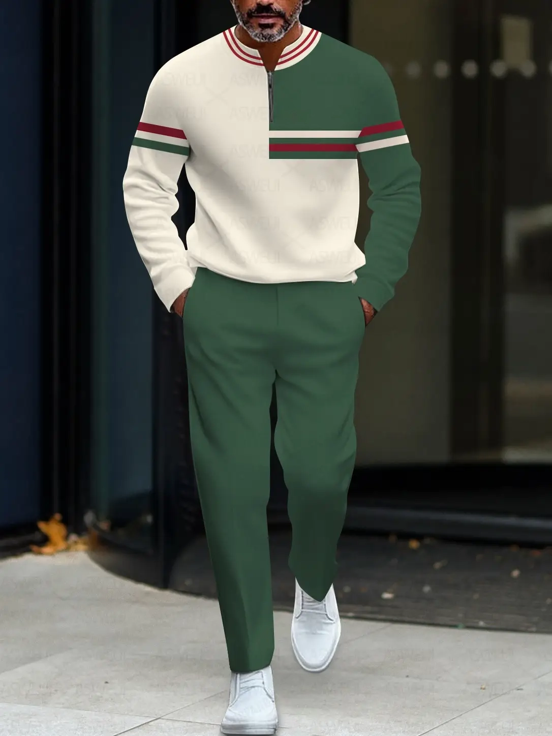 Men's fashion casual green line round neck zipper long-sleeved two-piece set