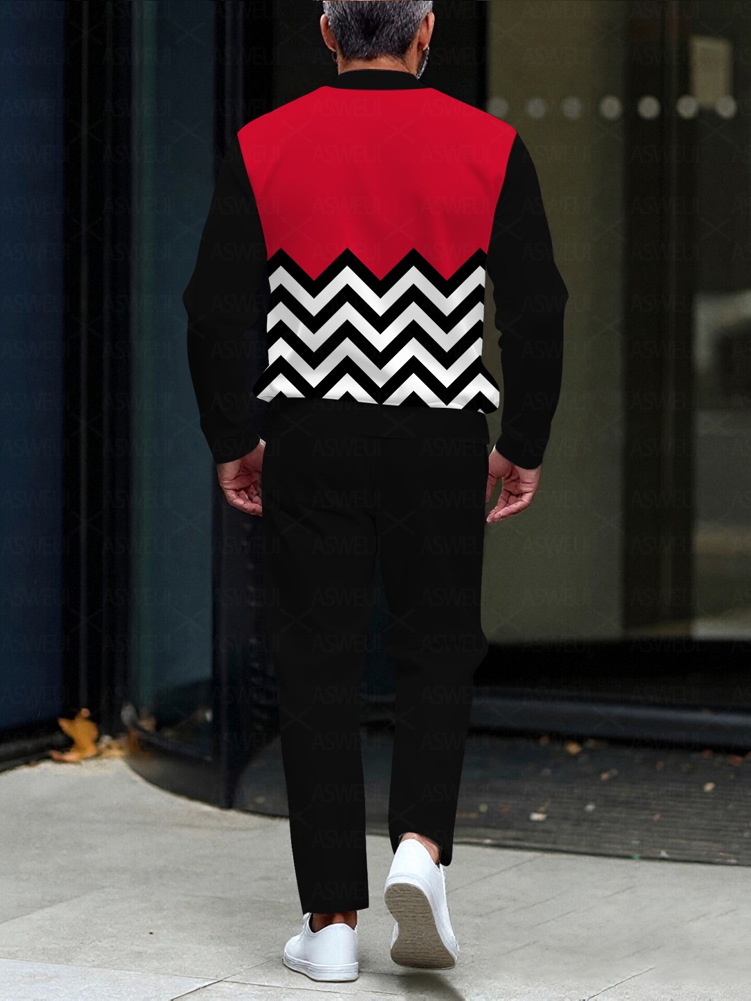 Men's fashionable and casual black and red geometric round neck zipper long-sleeved two-piece set