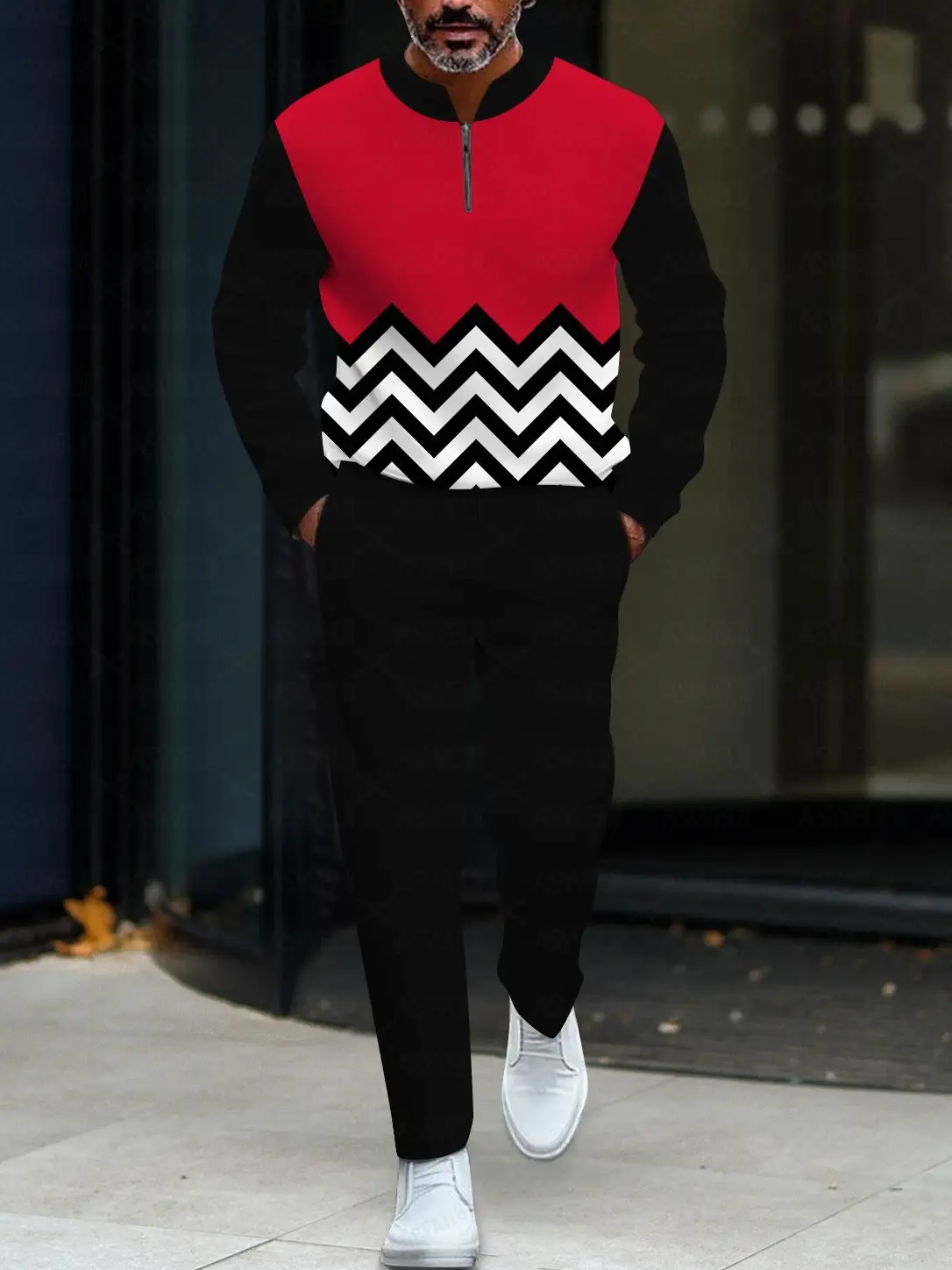 Men's fashionable and casual black and red geometric round neck zipper long-sleeved two-piece set