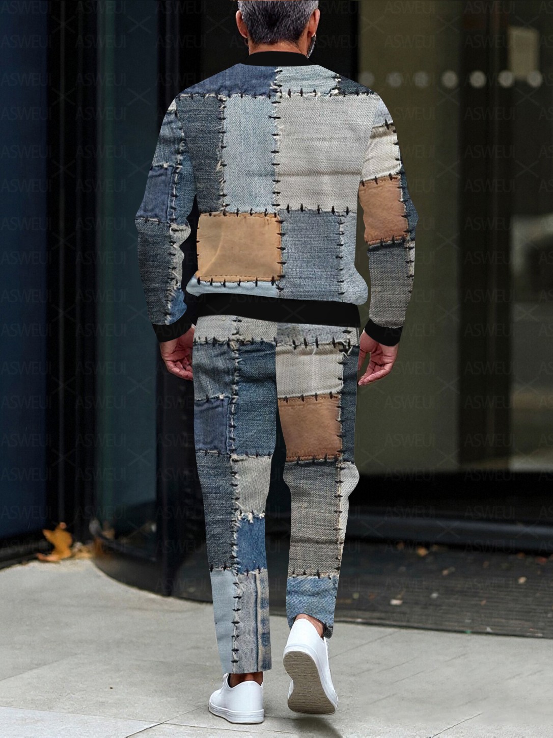 Men's fashionable casual blue printed round-neck zipper long-sleeved two-piece set