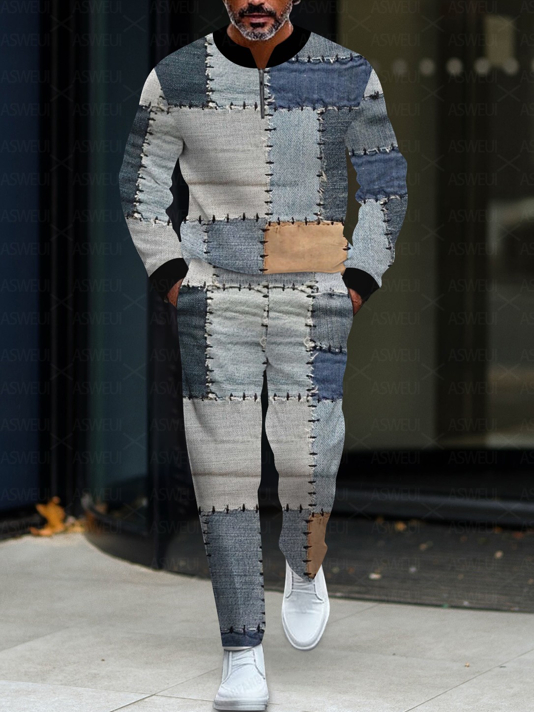 Men's fashionable casual blue printed round-neck zipper long-sleeved two-piece set