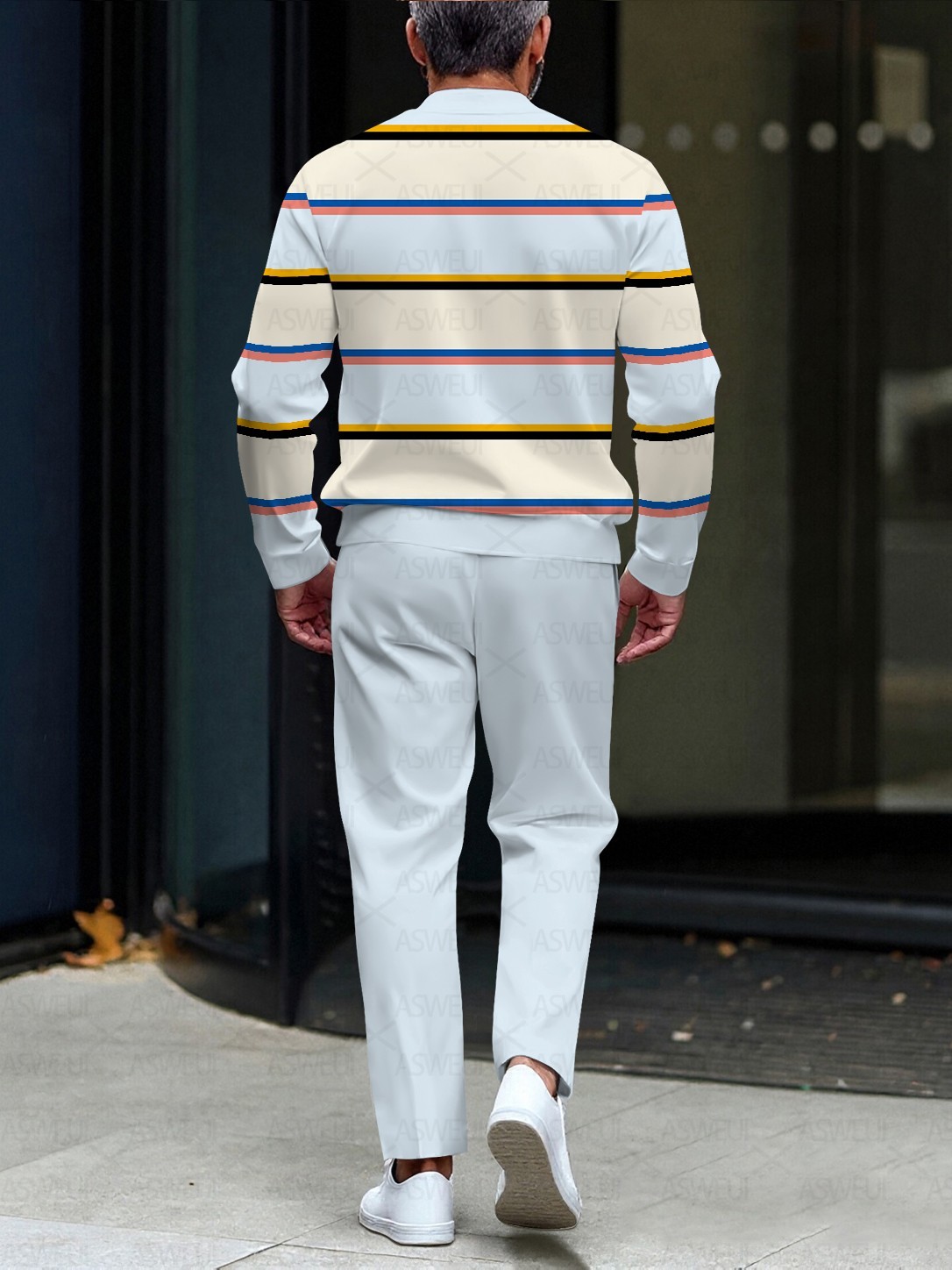 Men's stylish casual striped round-neck zipper long-sleeve two-piece set