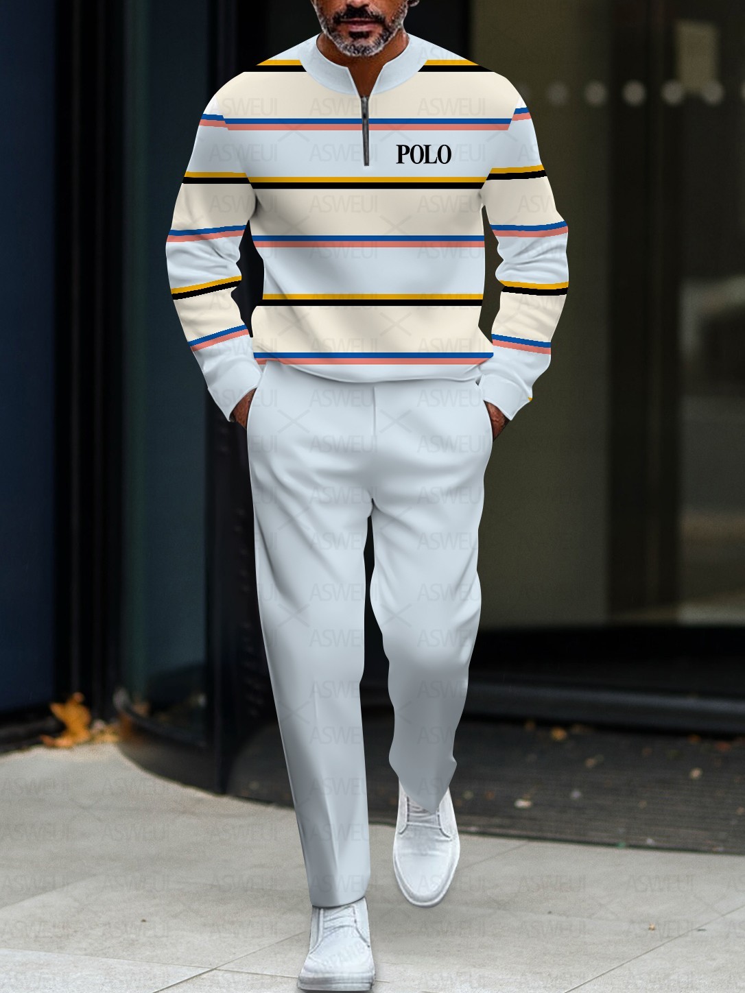 Men's stylish casual striped round-neck zipper long-sleeve two-piece s