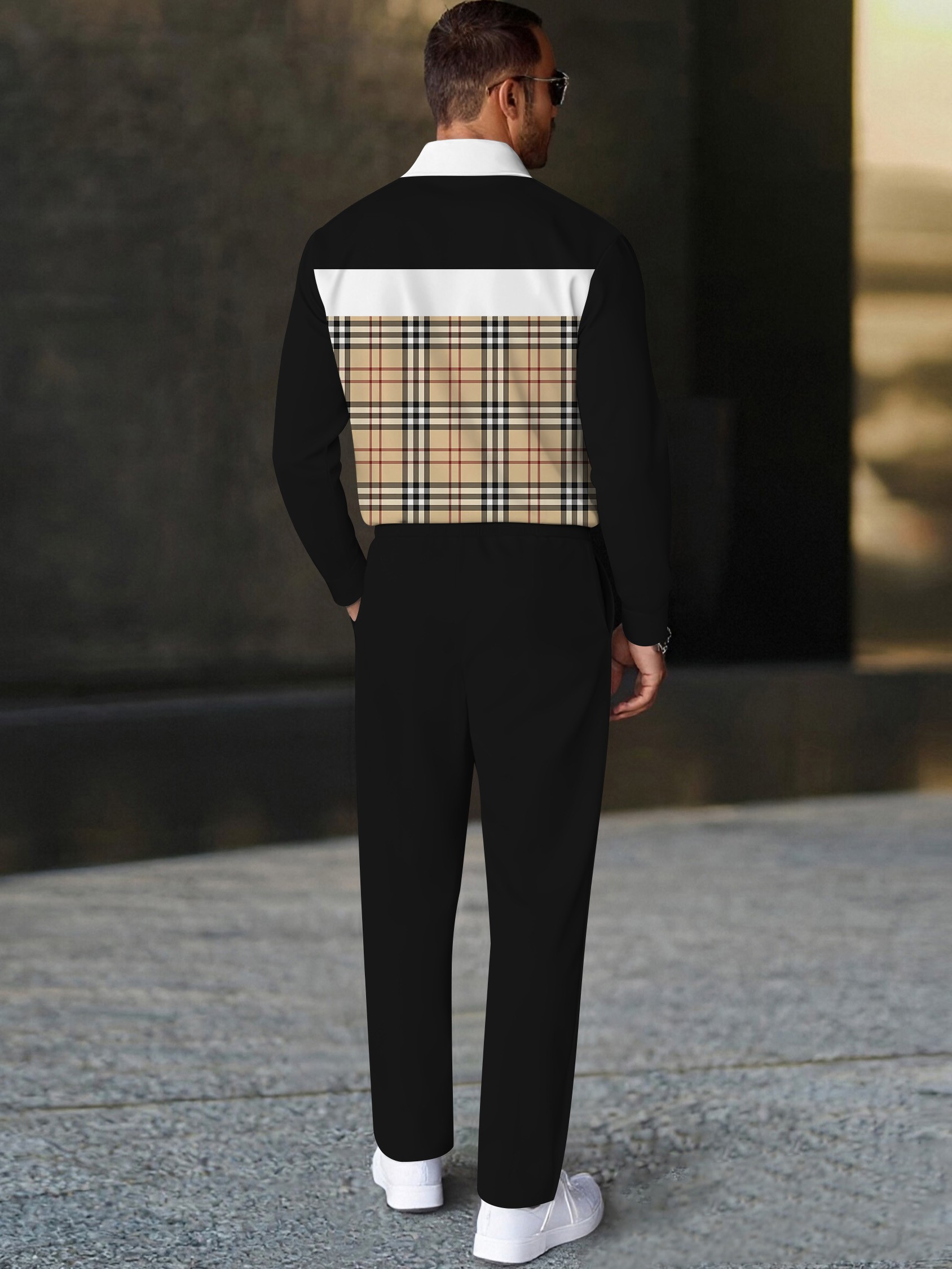 Men's casual black checkered print polo long-sleeve two-piece set