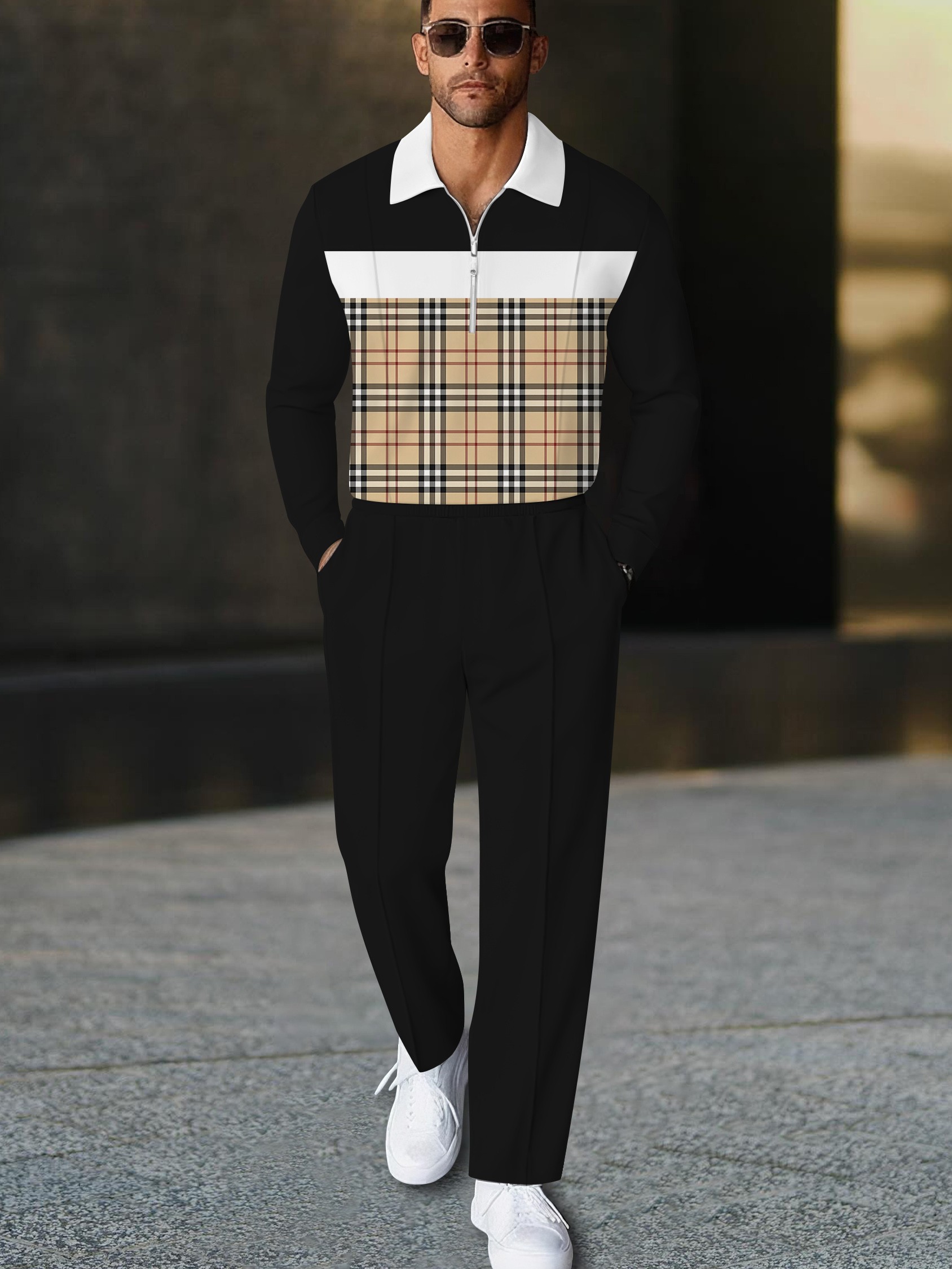 Men's casual black checkered print polo long-sleeve two-piece set