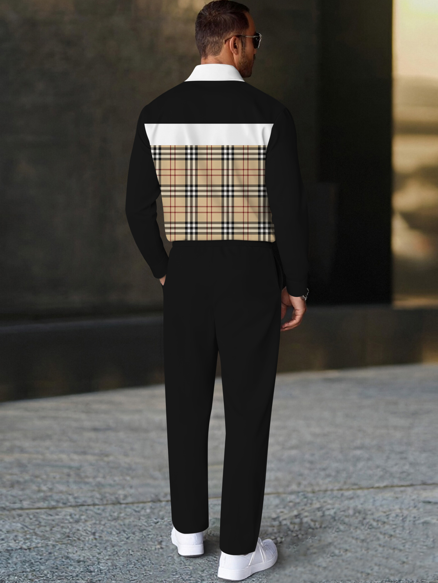 Men's fashion casual geometric print long sleeve zipper polo two-piece set