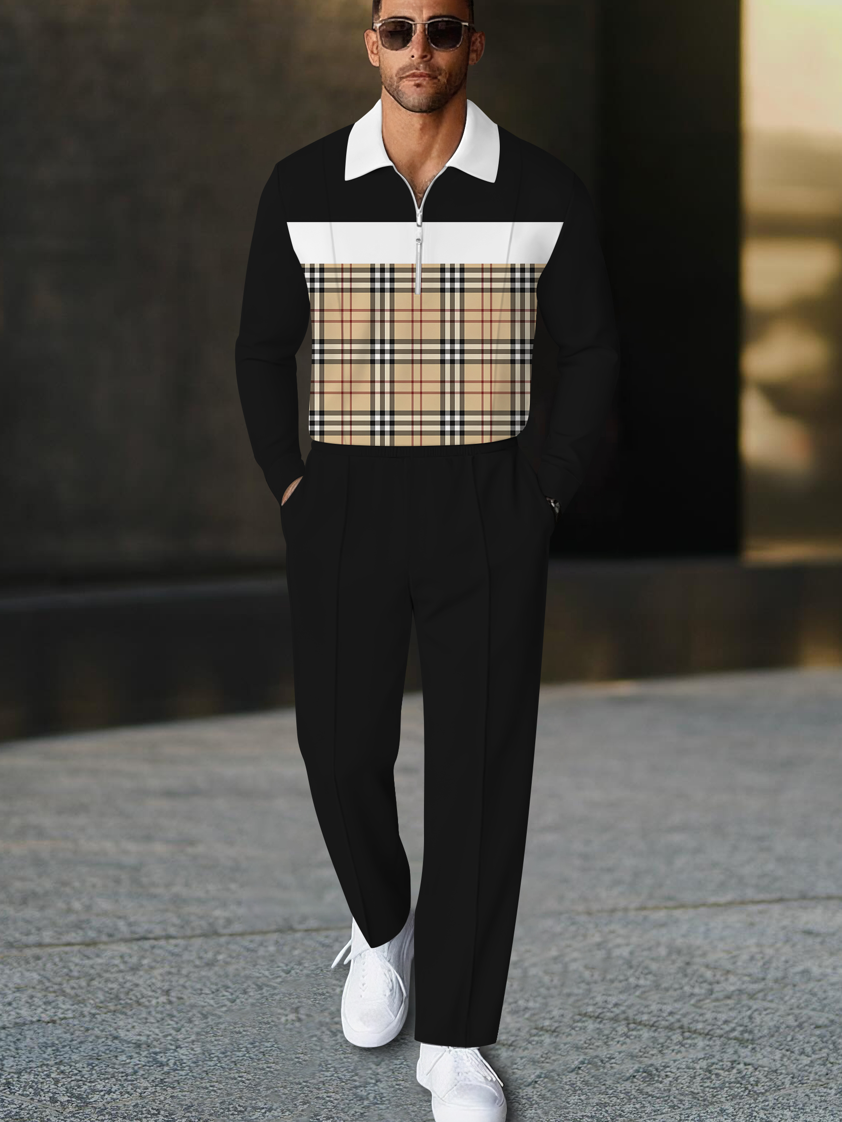 Men's fashion casual geometric print long sleeve zipper polo two-piece set