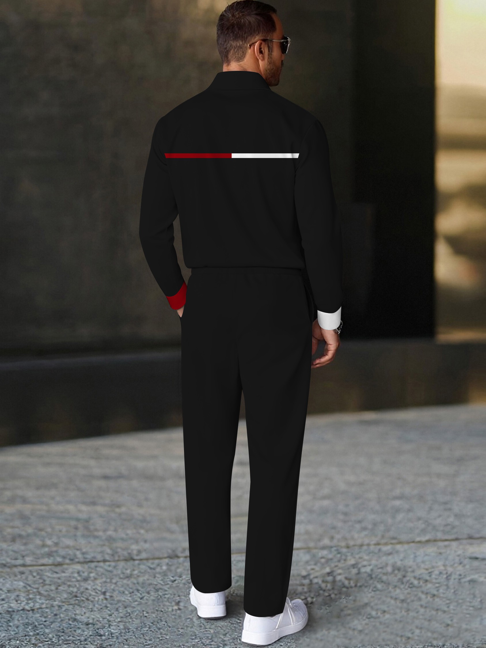 Men's casual black stripe printed polo long-sleeve two-piece set