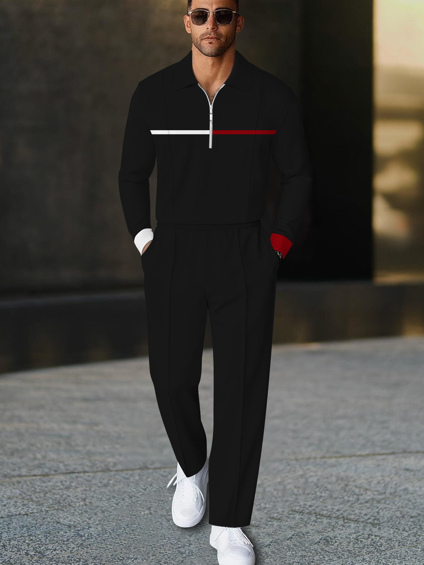 Men's casual black stripe printed polo long-sleeve two-piece set