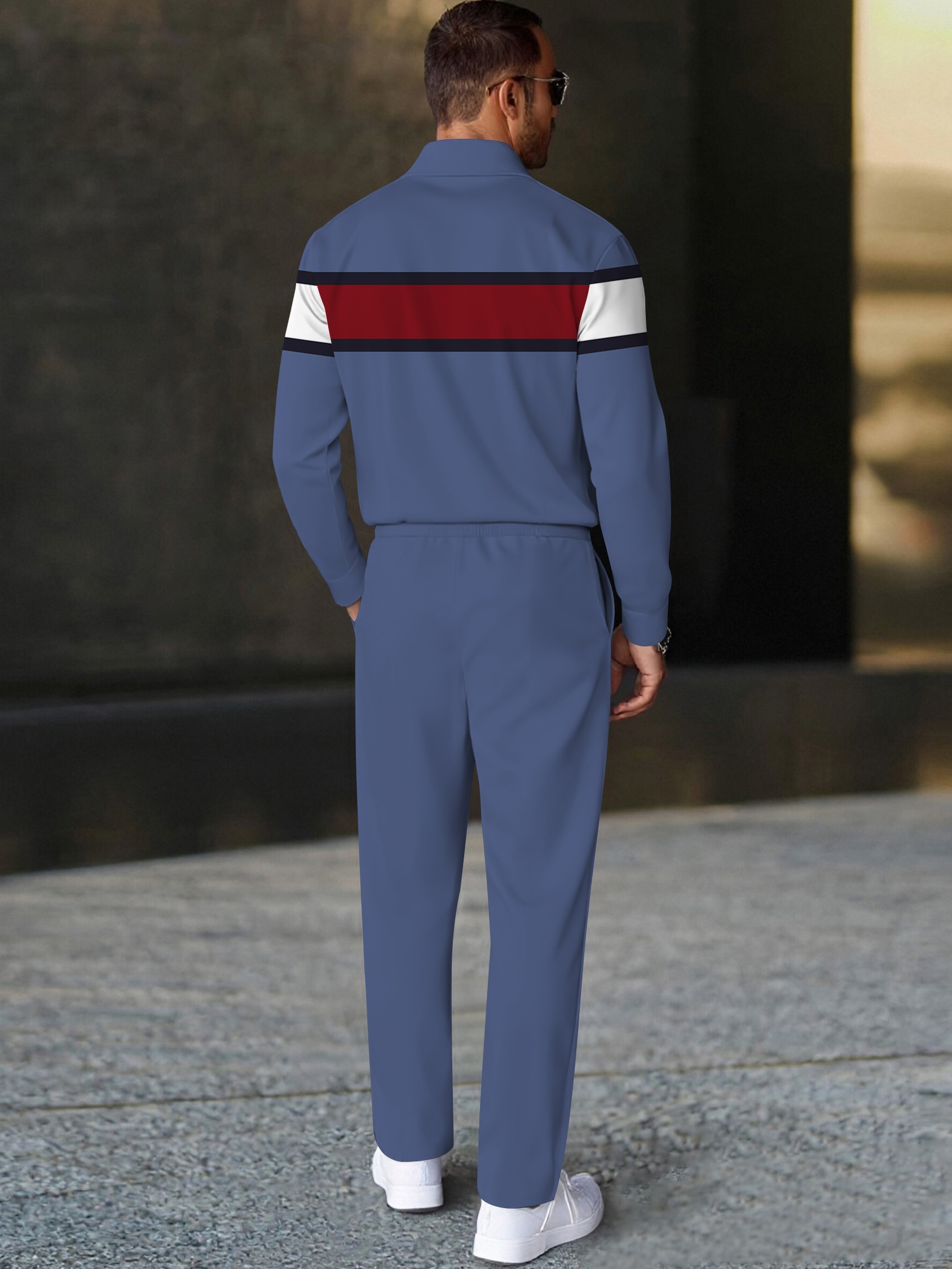 Men's casual multi-color printed polo long-sleeve two-piece set