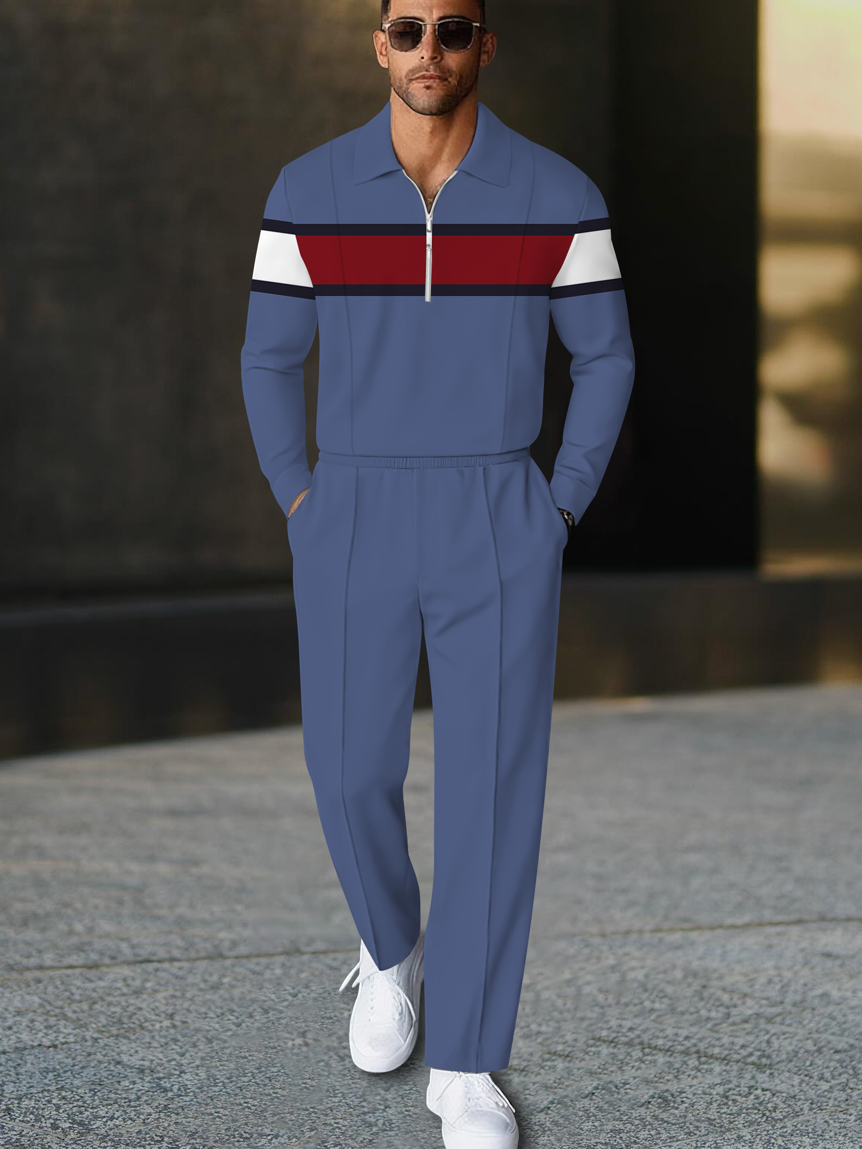 Men's casual multi-color printed polo long-sleeve two-piece set