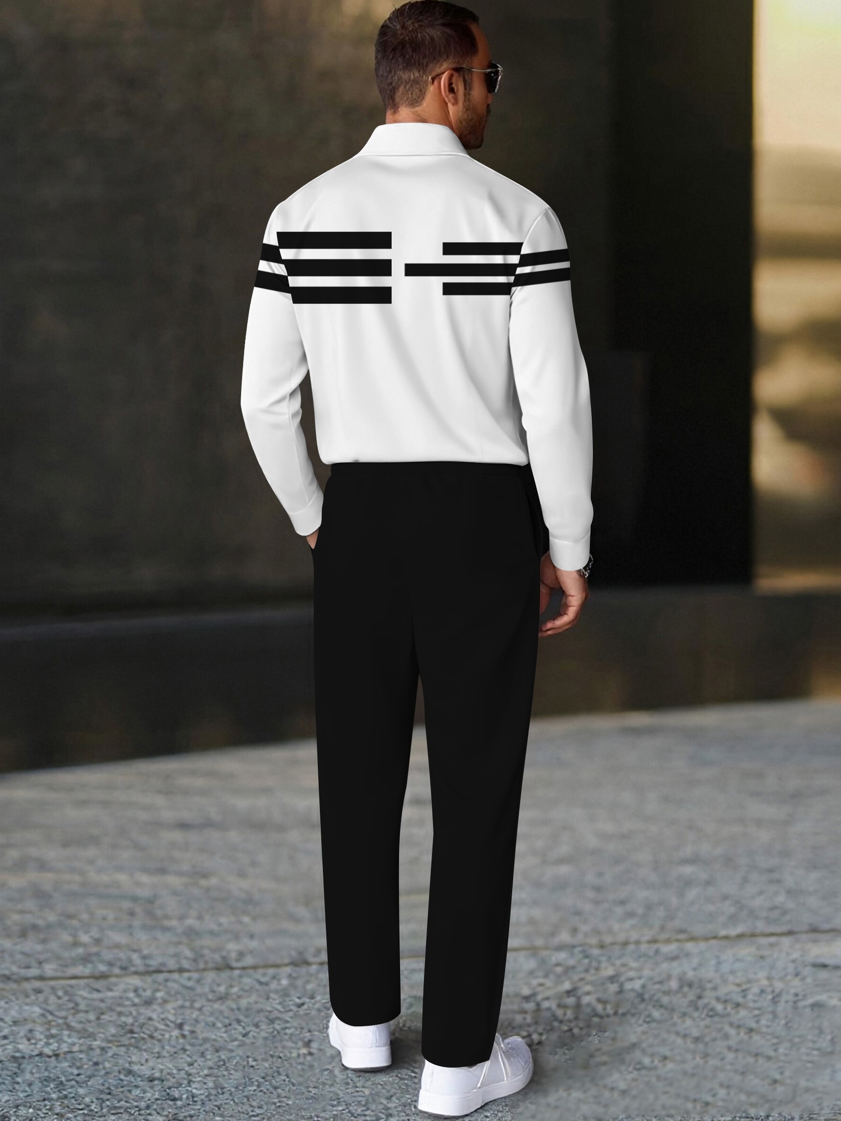 Men's casual black and white striped polo long-sleeve two-piece set