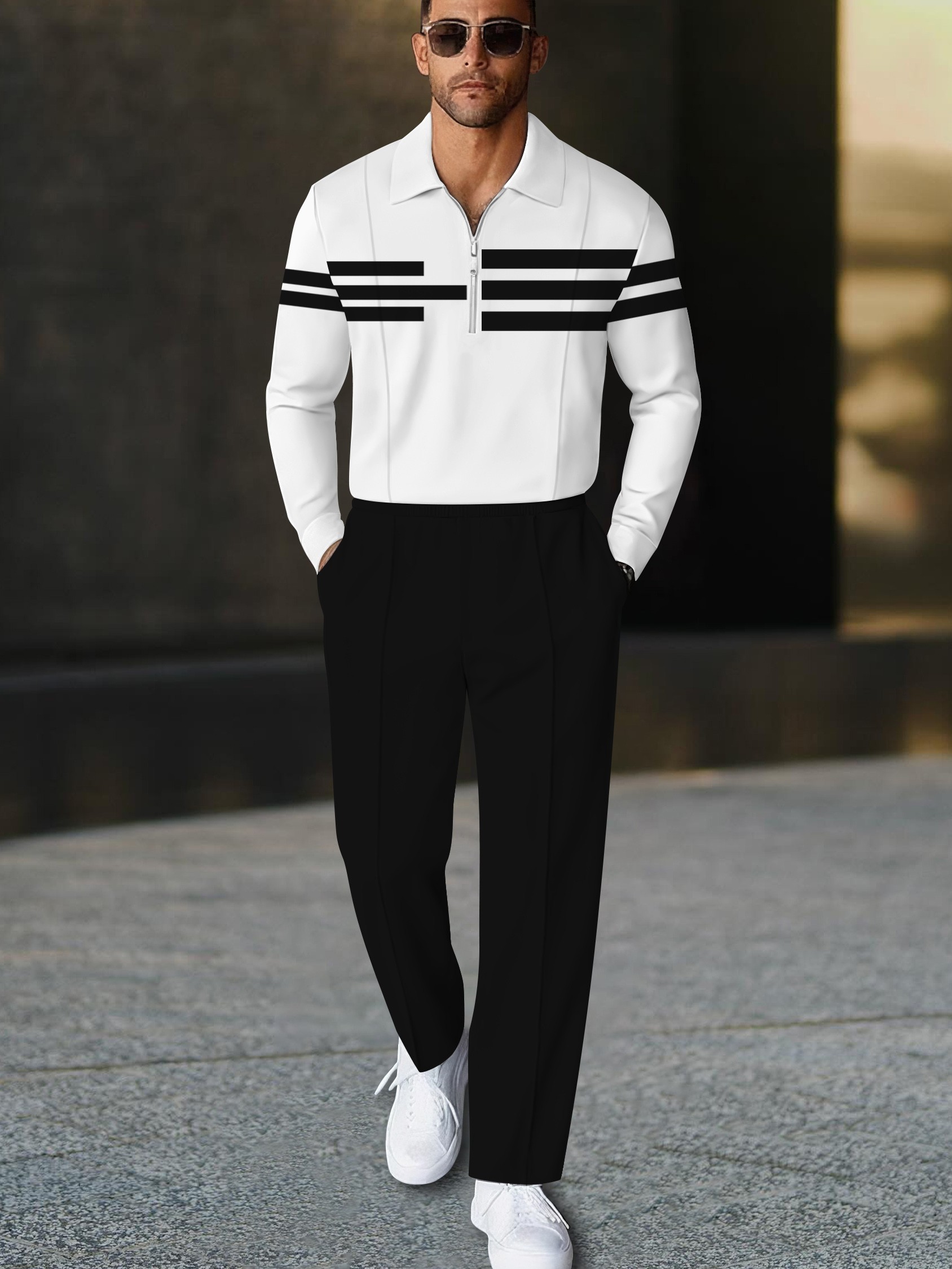 Men's casual black and white striped polo long-sleeve two-piece set