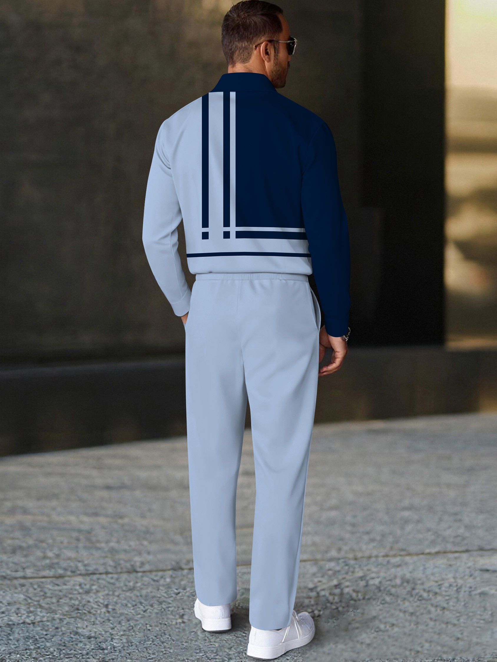 Men's casual multi-color geometric print polo long-sleeve two-piece set