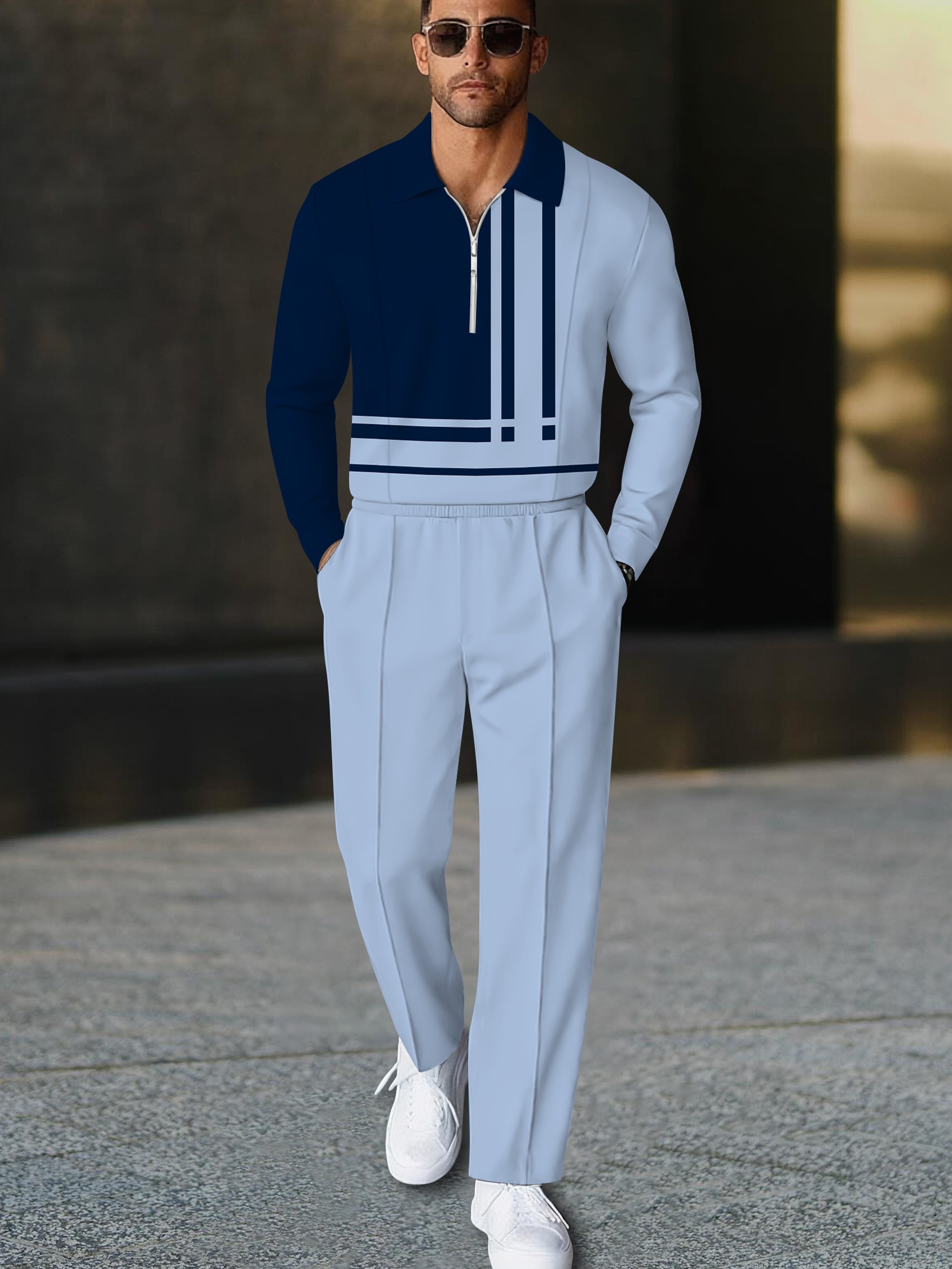 Men's casual multi-color geometric print polo long-sleeve two-piece set