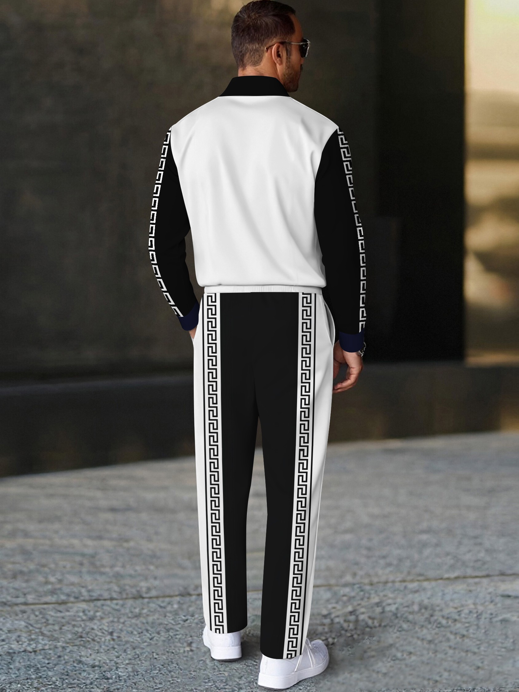 Men's casual black and white geometric print polo long-sleeve two-piece set