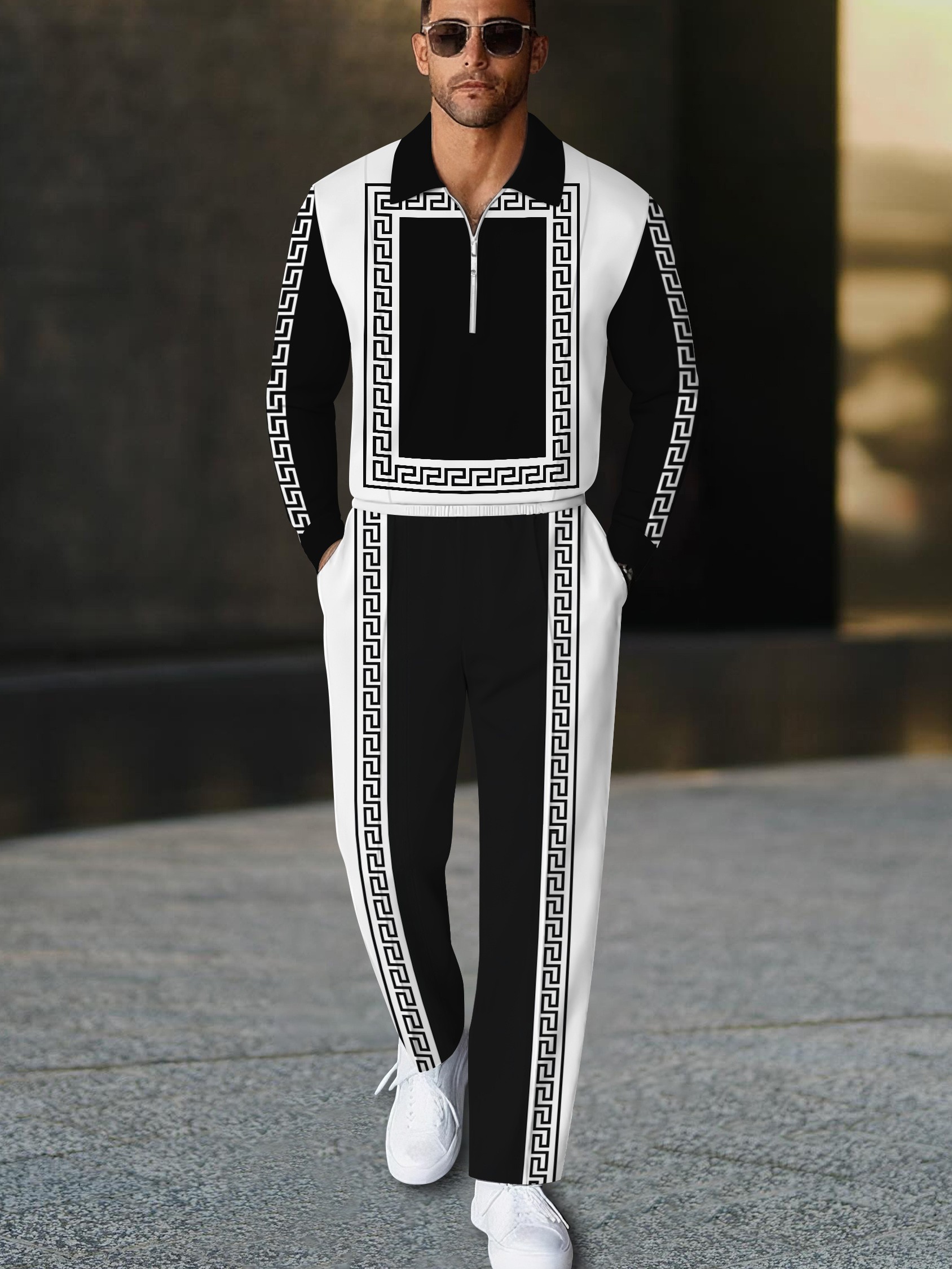 Men's casual black and white geometric print polo long-sleeve two-piece set
